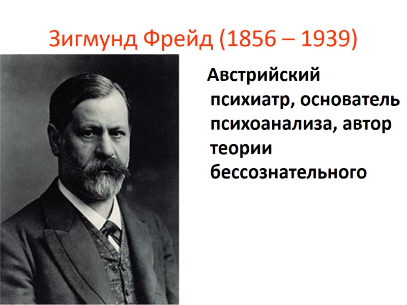 Зигмунд Фрейд (1856 – 1939) Австрийский психиатр, основатель психоанализа, автор Зигмунд Фрейд (1856 – 1939) Австрийский психиатр, основатель психоанализа, автор
